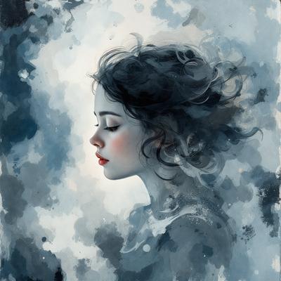 The primary subject of the image is a woman with long hair, who is looking upward. She is wearing a white shirt and has a pink lipstick on her lips. The setting is a cloudy sky, which serves as the backdrop for the woman's gaze. The visual style of the image is a watercolor painting, giving it a soft and dreamy appearance. The colors in the painting are predominantly shades of blue and white, creating a serene and contemplative mood.